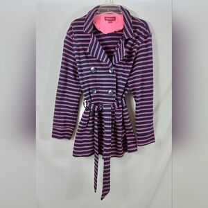 Merona Women's Jr's Pink And Blue Striped Button Up Belted Soft Jacket Size XXL
